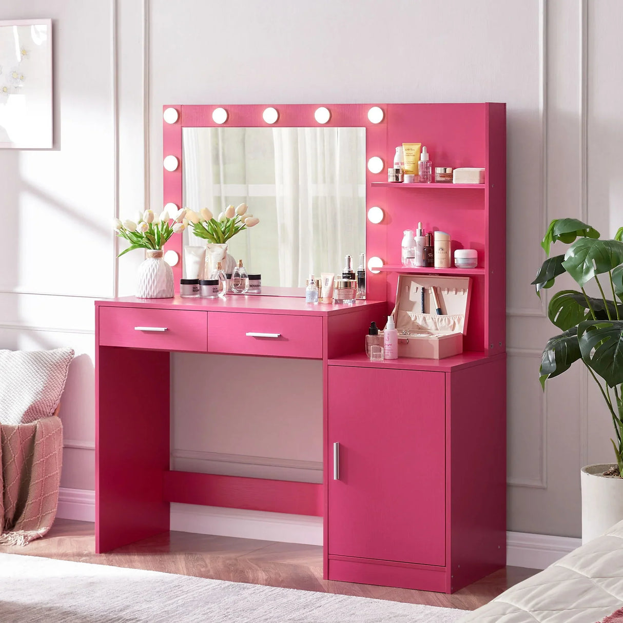 Vanity Desk With Mirror And Lights, 46.4In Dressing Table With 2 Large Drawer & Large Vertical Organizer, 3 Level Dresser & 3 Lighting Modes Adjustable Brightness, Suitable For Bedroom - Furniture Home Direct