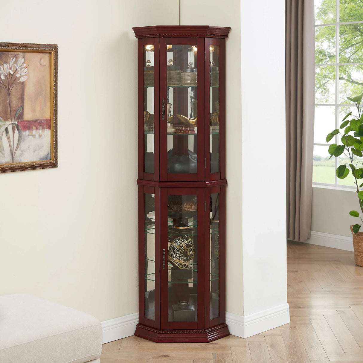 Corner Curio Cabinet With Lights, Adjustable Tempered Glass Shelves, Mirrored Back, Display Cabinet (E26 Light Bulb Not Included) - Furniture Home Direct