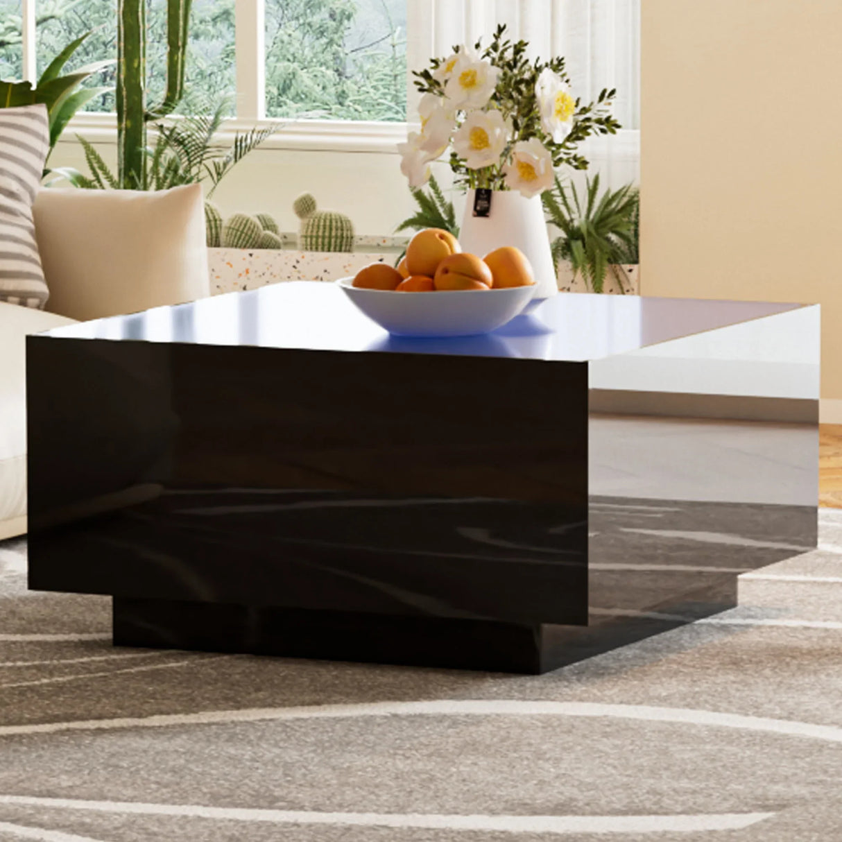 Square High Glossy Coffee Table With 16 Color Led Strip Lights, Modern Center Table With 5Mm Frosted Tempered Glass Top For Living Room - Furniture Home Direct