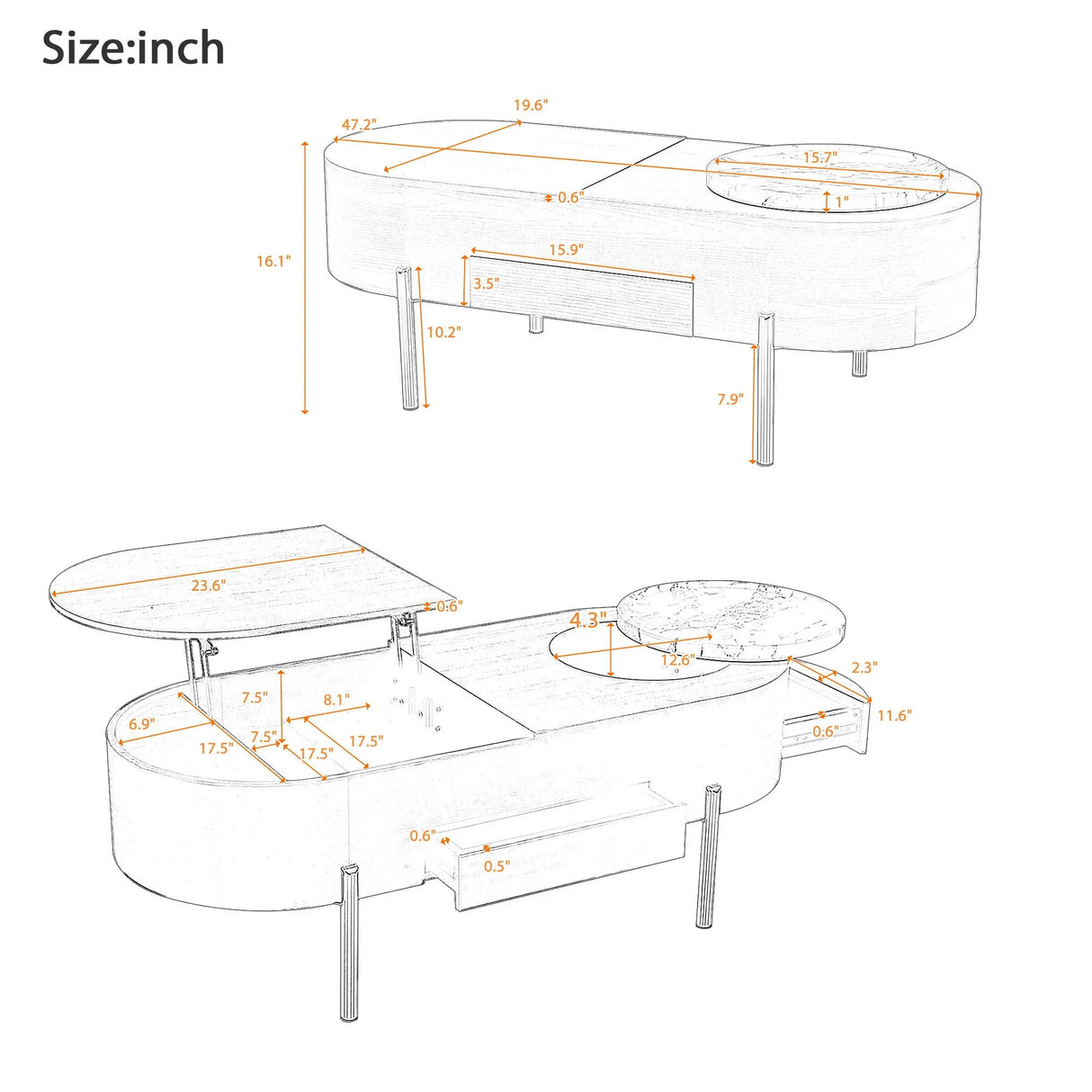 Lift Top Coffee Table With 360 Degree Marble Patterned Rotating Tray - Furniture Home Direct