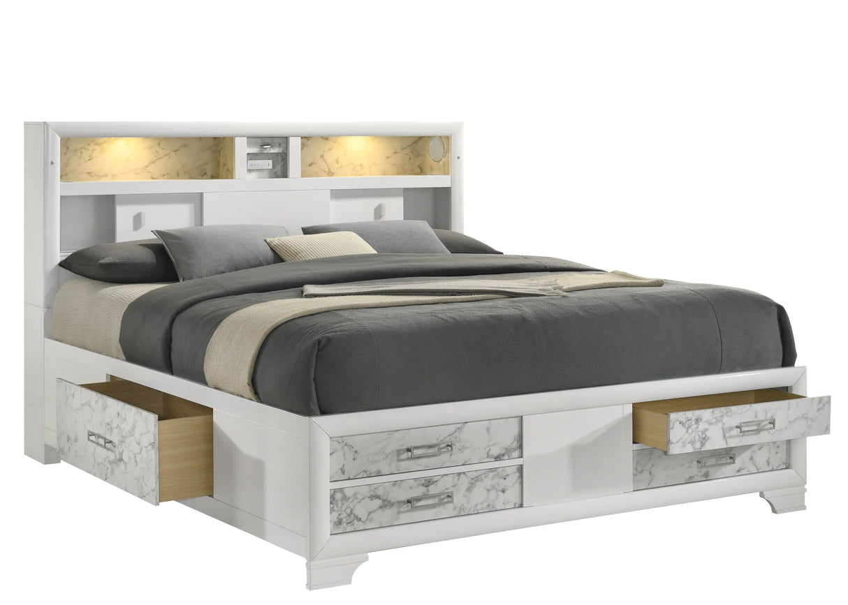 Queen Bed With Storage Drawers Modern Marble Finish White - Furniture Home Direct