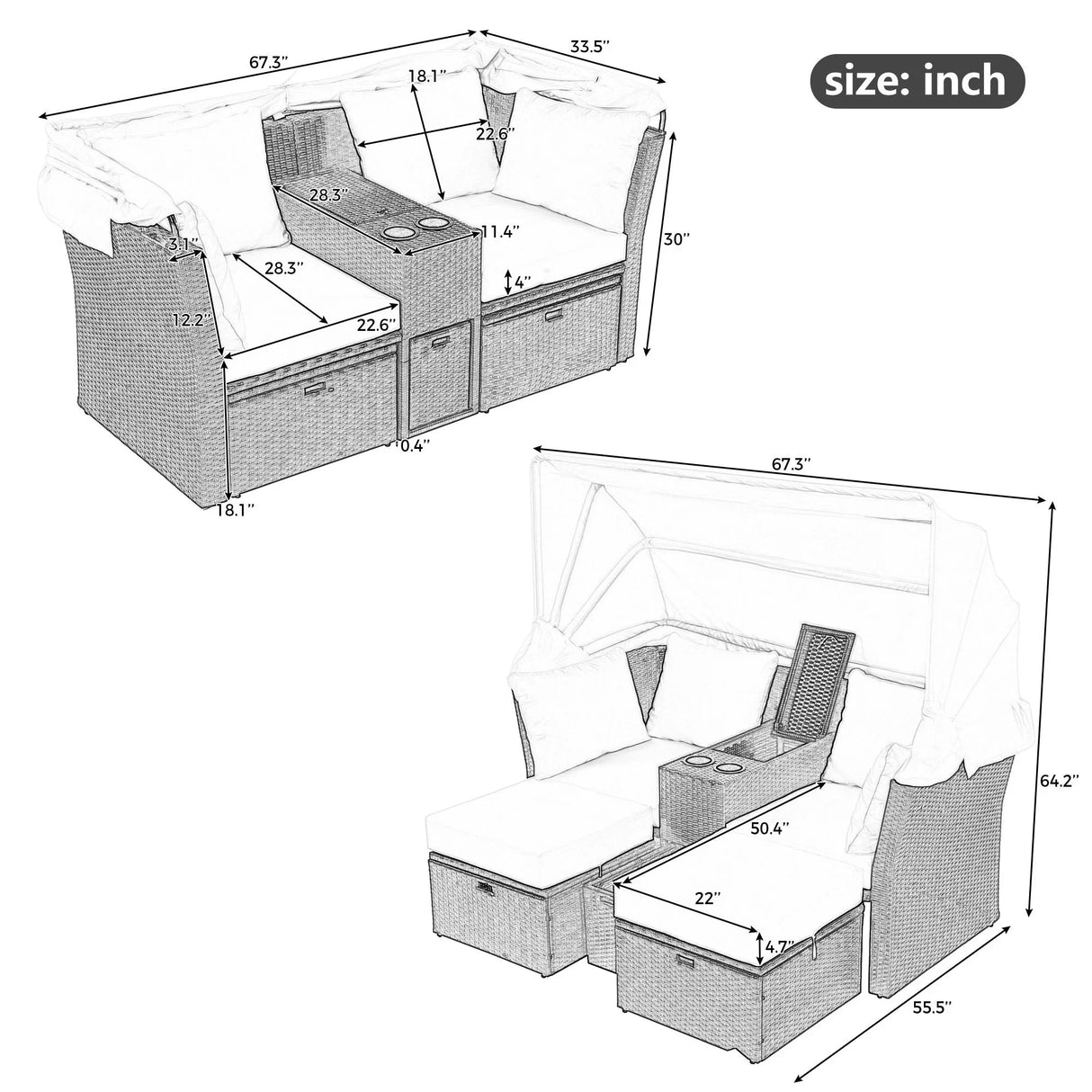 2 Seater Outdoor Patio Daybed Outdoor Double Daybed Outdoor Loveseat Sofa Set With Foldable Awning And Cushions For Garden, Balcony, Poolside - Furniture Home Direct