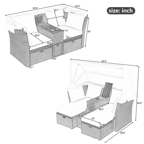 2 Seater Outdoor Patio Daybed Outdoor Double Daybed Outdoor Loveseat Sofa Set With Foldable Awning And Cushions For Garden, Balcony, Poolside - Furniture Home Direct