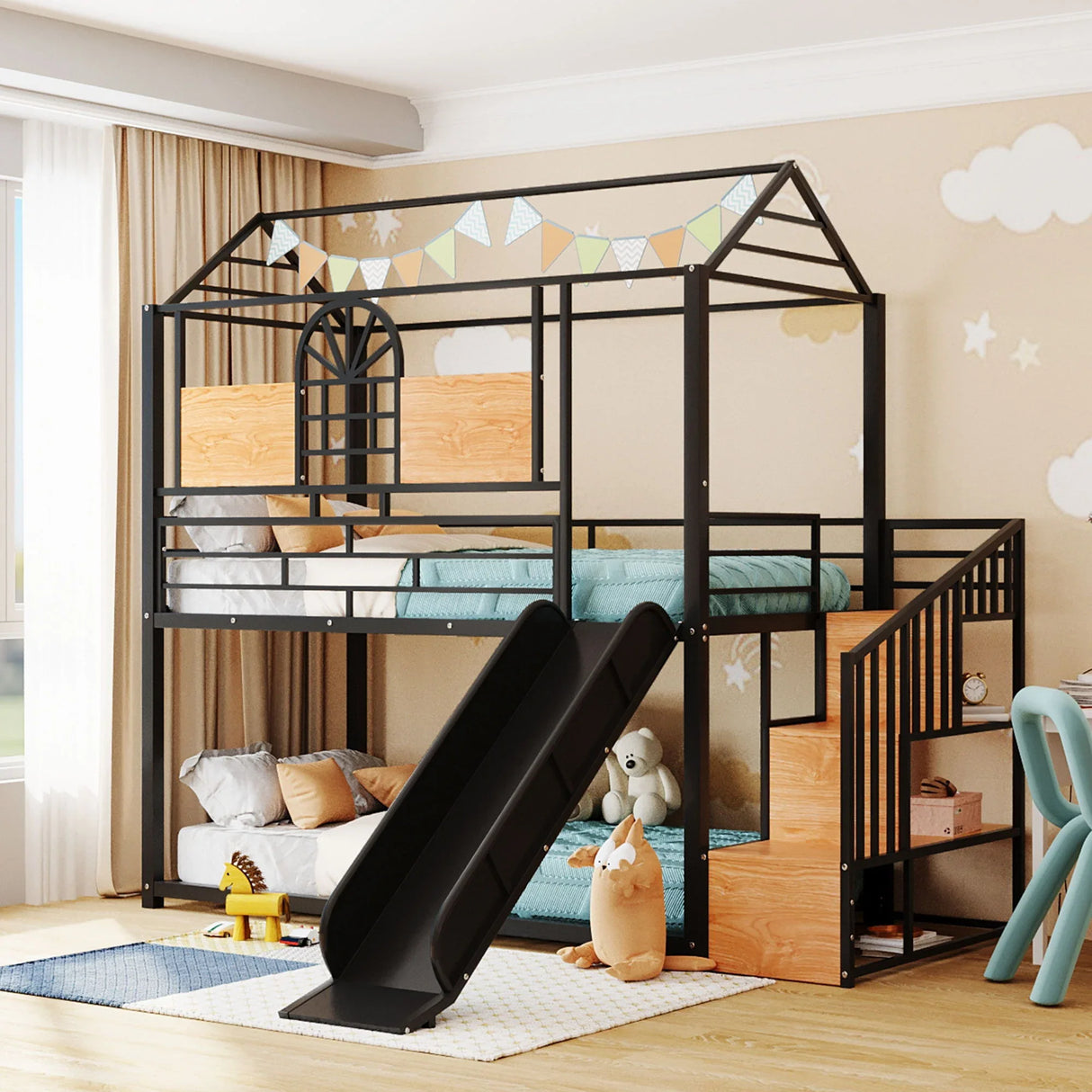 Metal Bunk Bed, Metal Housebed With Slide And Storage Stair - Furniture Home Direct