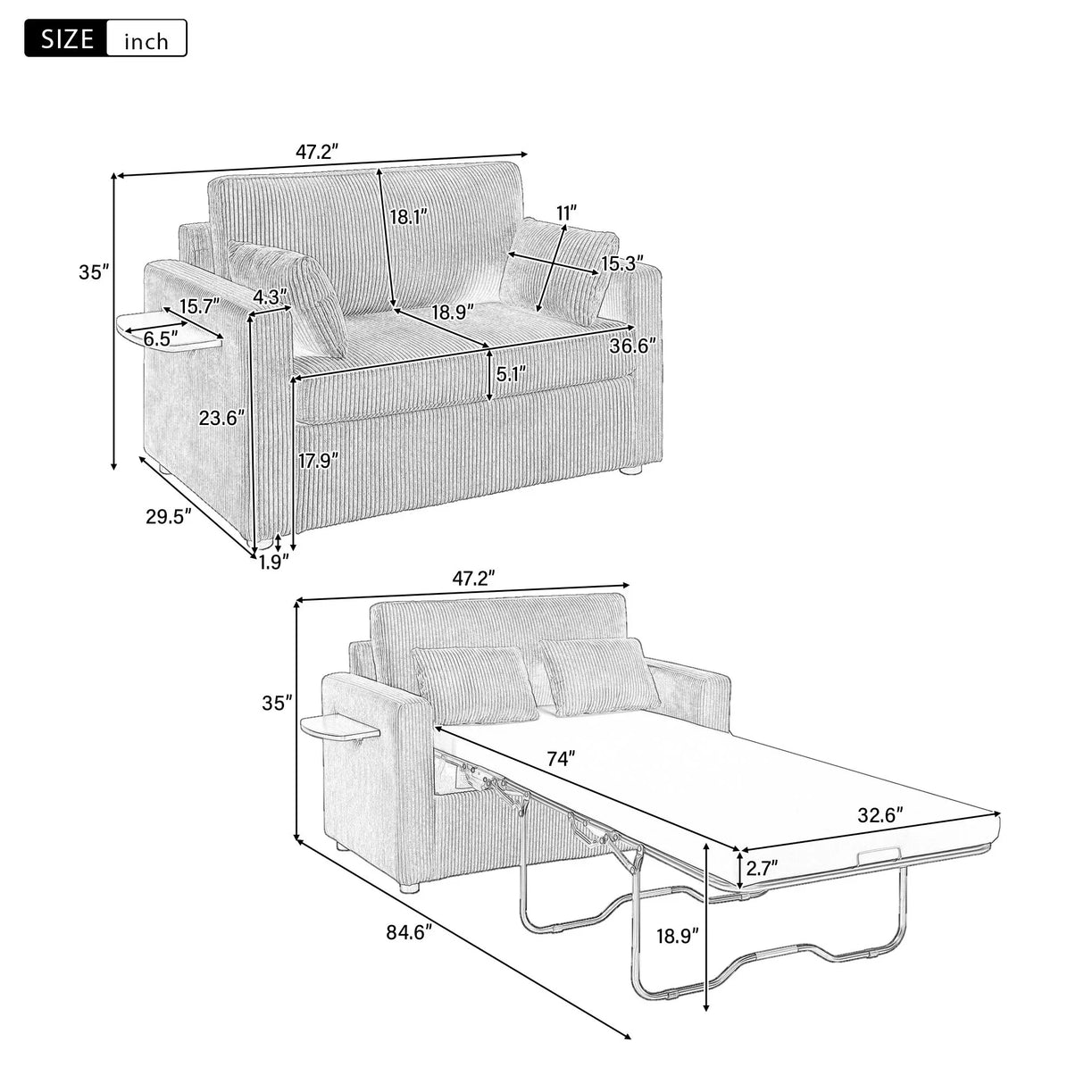 Sleeper Sofa With Foldable Mattress, USB Ports, Side Table & Storage Pocket - Furniture Home Direct