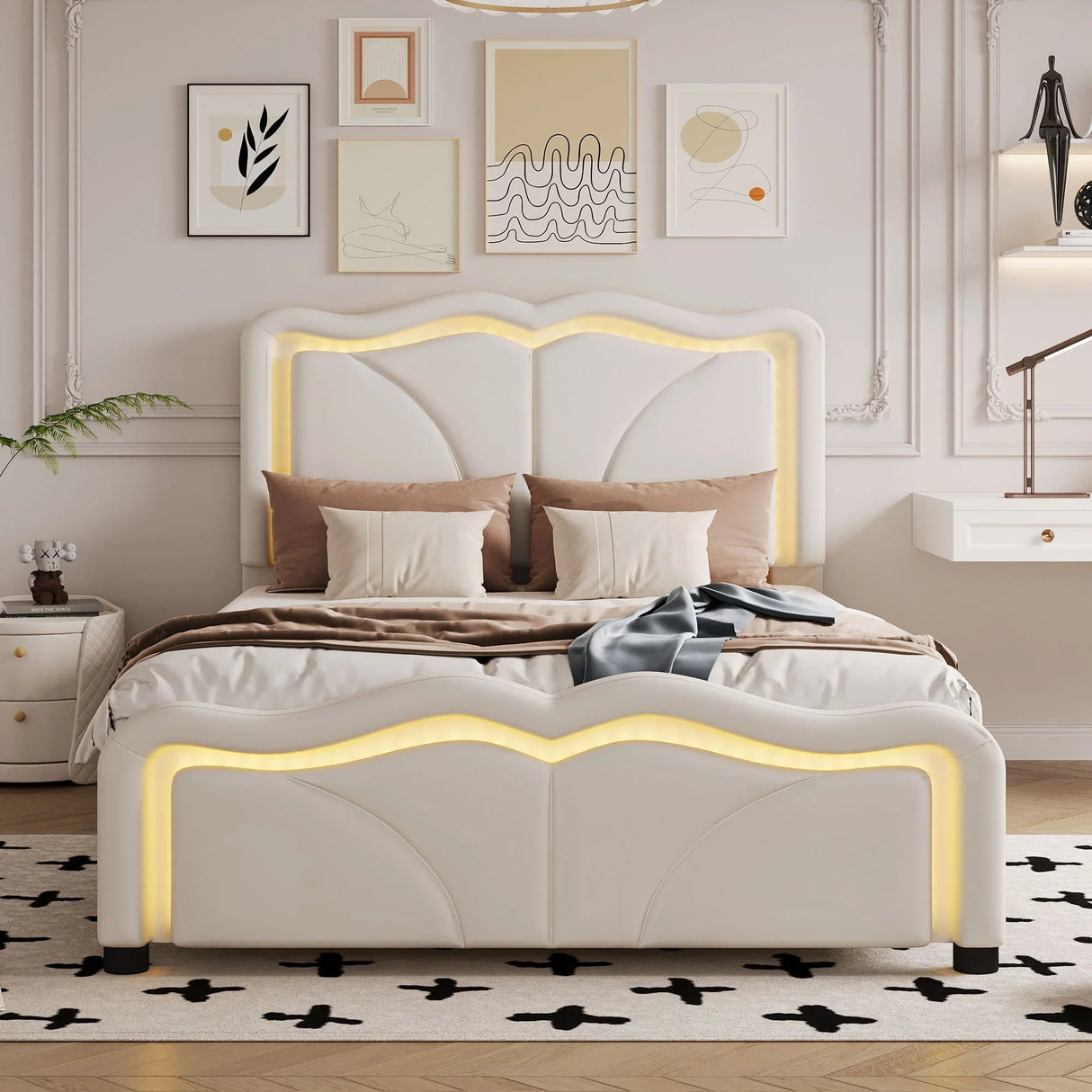 Upholstered Platform Bed & Curve Shaped And Height Adjustable Headboard, LED Light Strips - Furniture Home Direct
