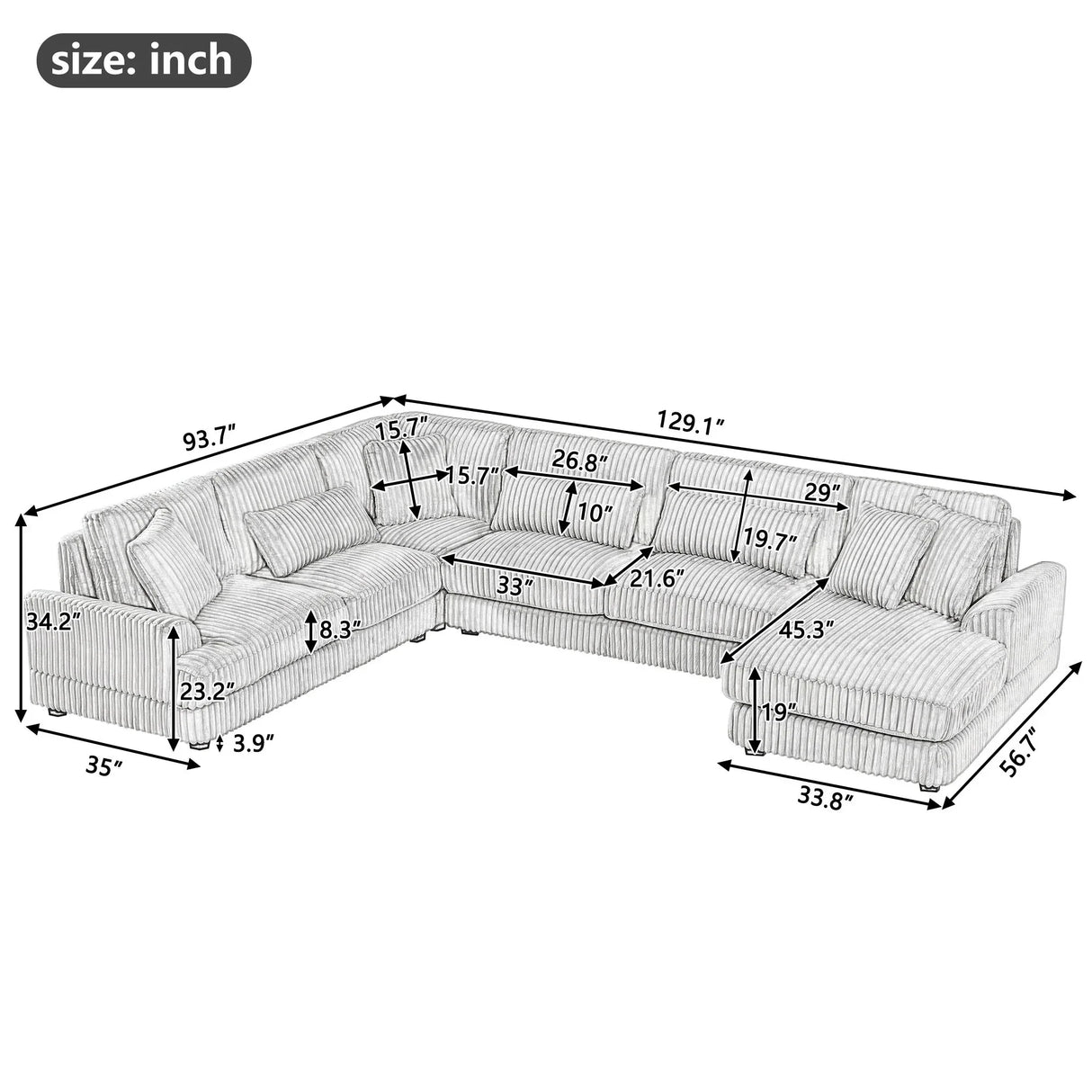 Oversized Sectional Sofa U - Shaped Sofa Couch Modern Sofa Upholstered In Soft Corduroy With A Chaise Lounge For Living Room - Furniture Home Direct
