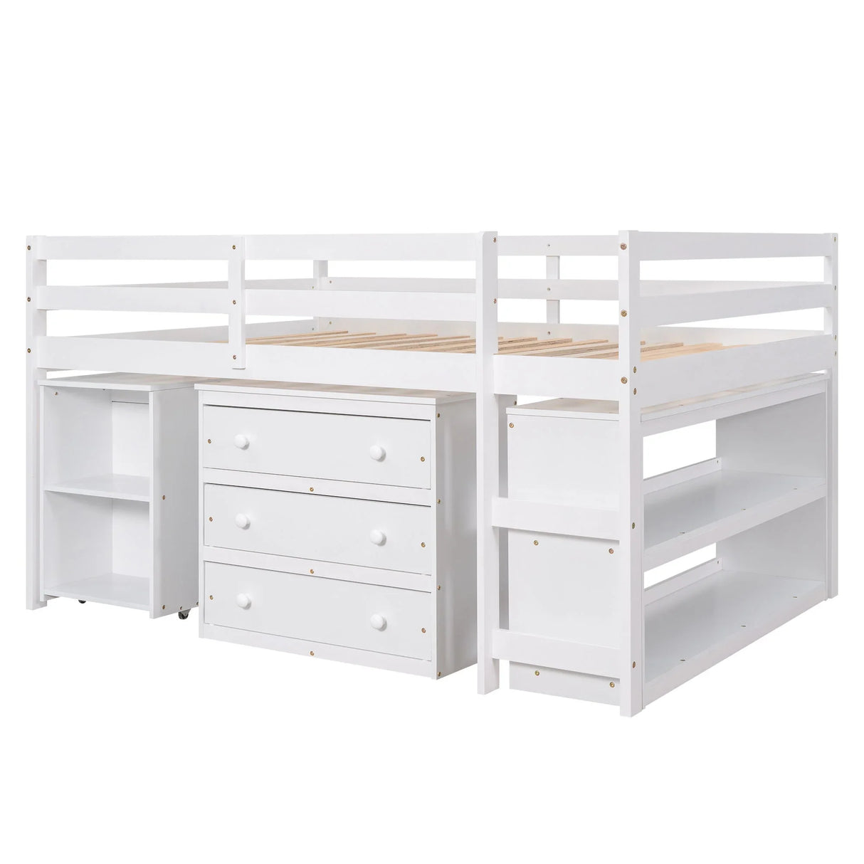 Loft Low Study Bed With Cabinet, Shelves And Rolling Portable Desk, Multiple Functions - Furniture Home Direct