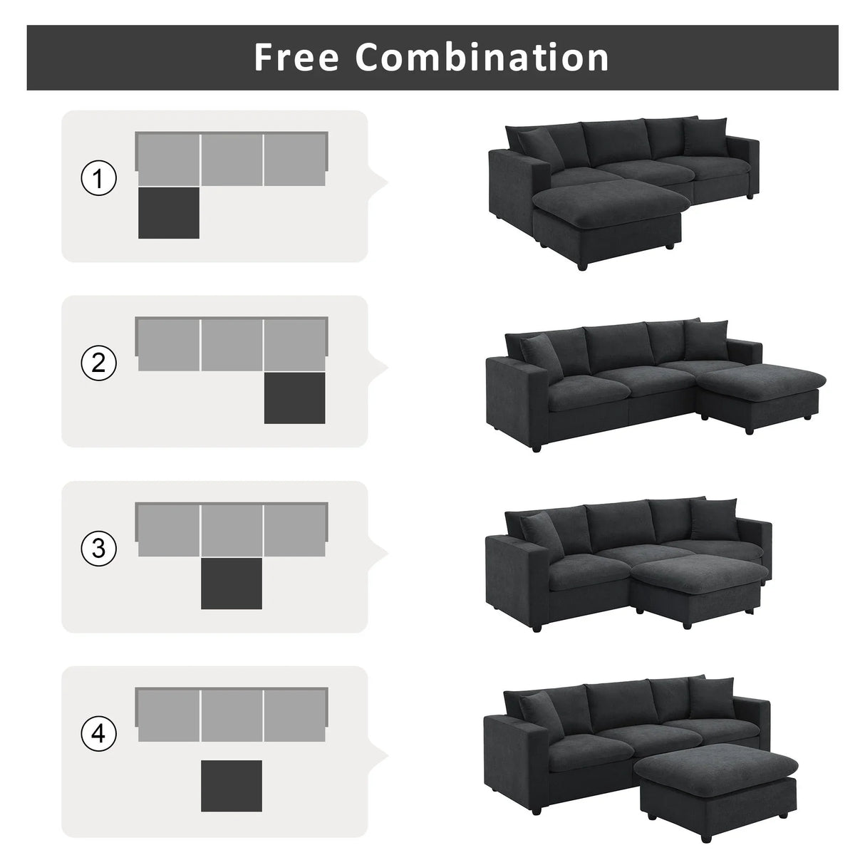 Modern Sectional Sofa, L-Shaped Couch Set With 2 Free Pillows, 4-Seat Polyester Fabric Couch Set With Convertible Ottoman For Living Room, Apartment, Office - Furniture Home Direct