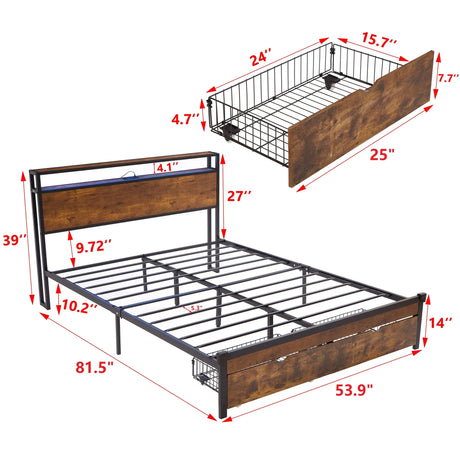 Modern Metal Platform Bed Frame With Wooden Headboard And Footboard, USB Charging Station, LED Lights, 2 Drawers - Furniture Home Direct