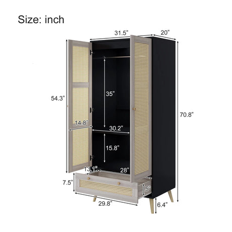 Tall Armoire Wardrobe Closet With 2 Rattan Doors & 1 Drawer, Boho Clothes Storage Cabinet With Hanging Rod For Bedroom - Natural / Black - Furniture Home Direct