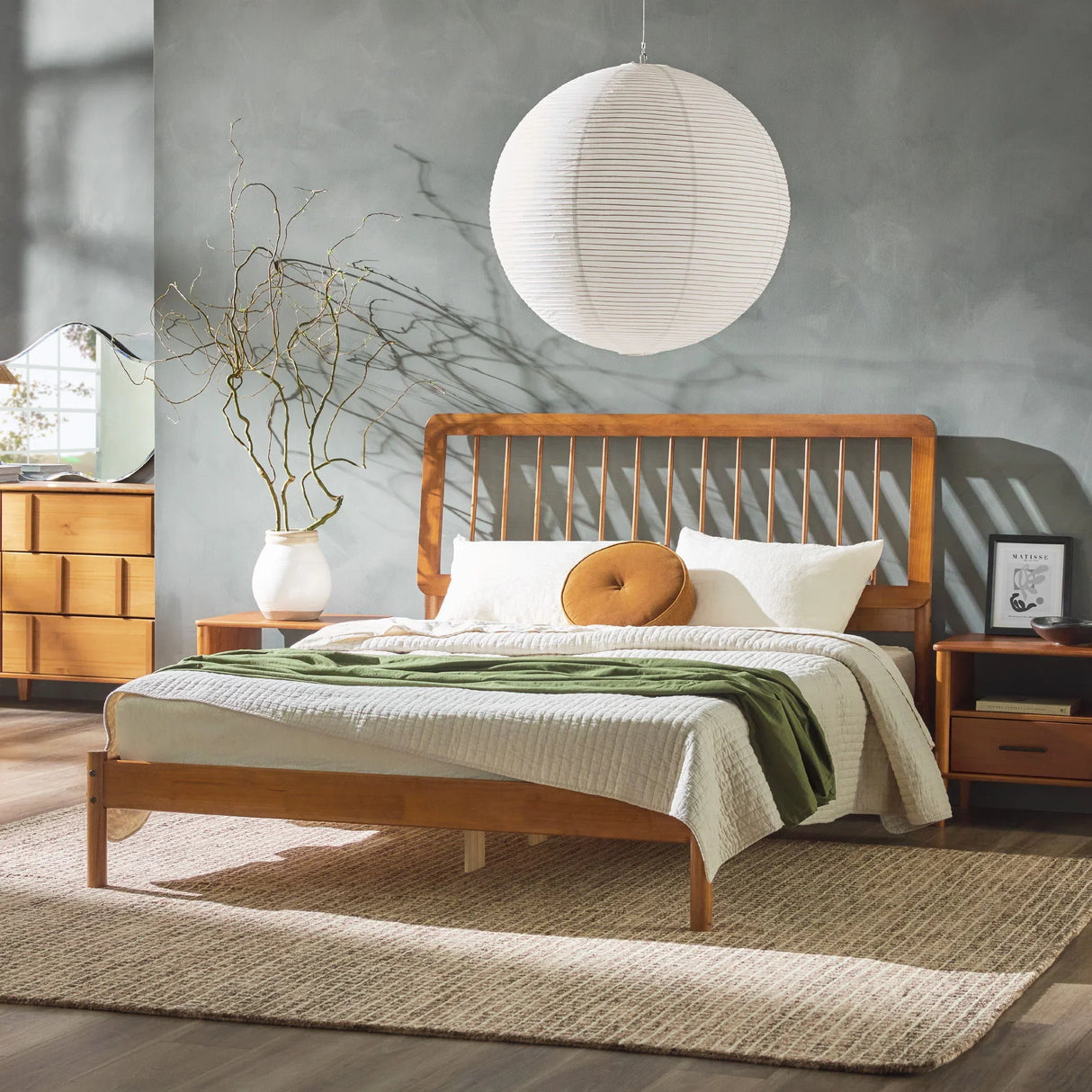 Mid-Century Modern Solid Wood Spindle Bed - Furniture Home Direct