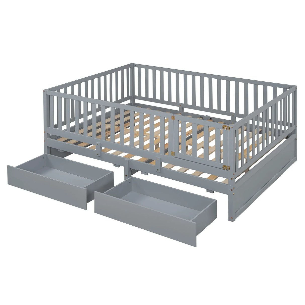 Daybed With Fence Guardrails And 2 Drawers, Split Into Independent Floor Bed & Daybed - Furniture Home Direct