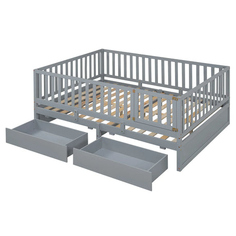 Daybed With Fence Guardrails And 2 Drawers, Split Into Independent Floor Bed & Daybed - Furniture Home Direct