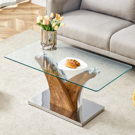 Coffee Table Glass Top With Wooden Base Modern Brown - Furniture Home Direct