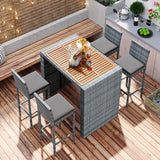 5 Pieces Outdoor Patio Wicker Bar Set, Bar Height Chairs With Non-Slip Feet And Fixed Rope, Removable Cushion, Acacia Wood Table Top - Brown / Gray - Furniture Home Direct
