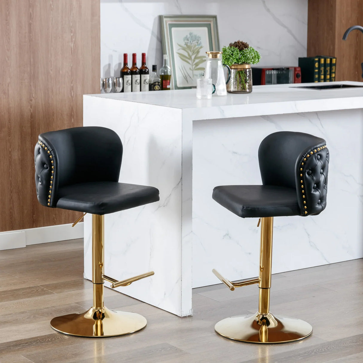 Counter Height Bar Stools Tufted PU Leather Swivel Black - Furniture Home Direct