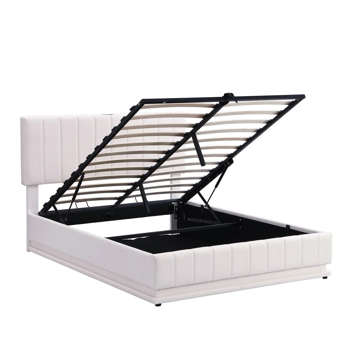 Upholstered Bed With Hydraulic Storage System And LED Light, With Sockets And USB Ports - Furniture Home Direct