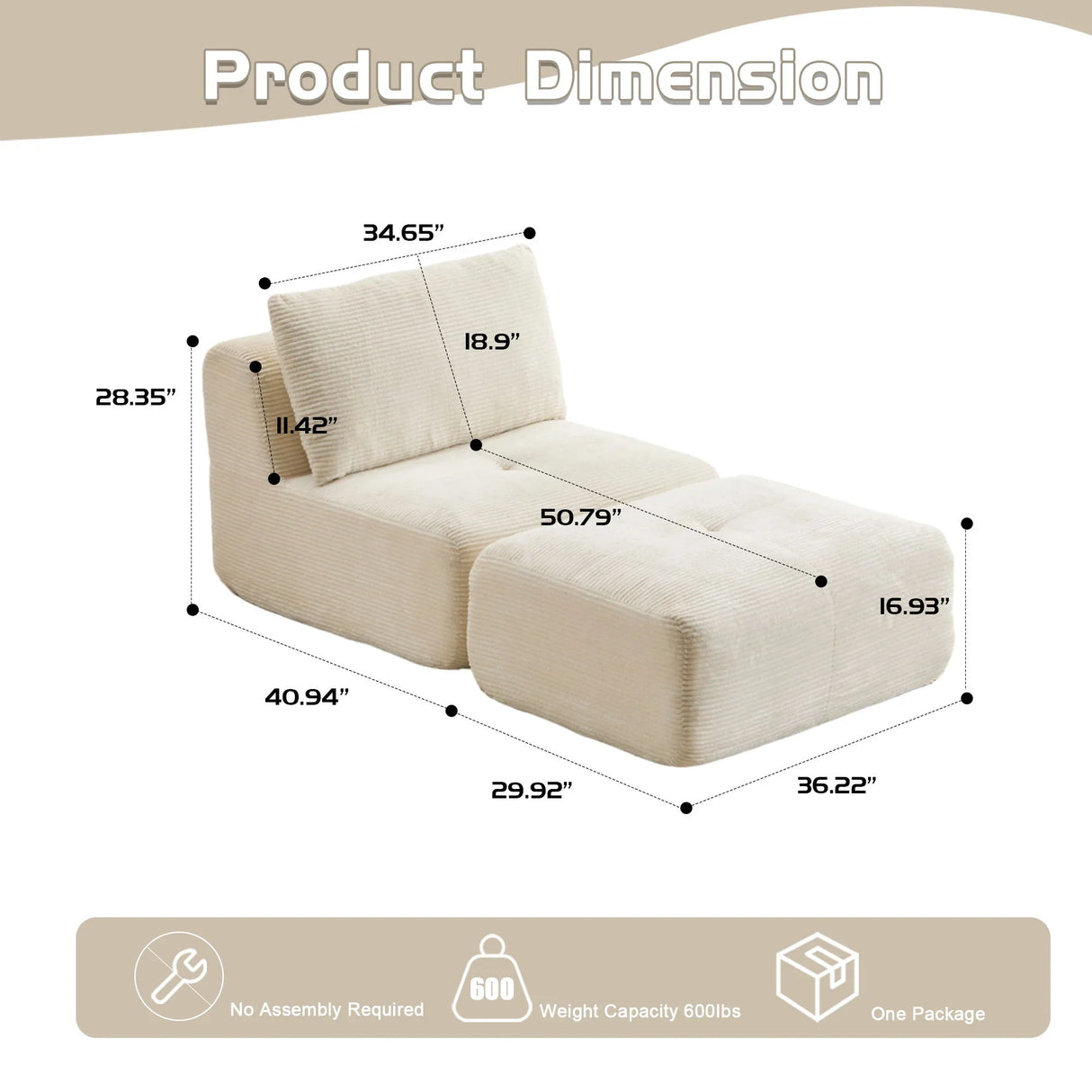 Single Chaise Longue With Movable Ottoman For Living Room