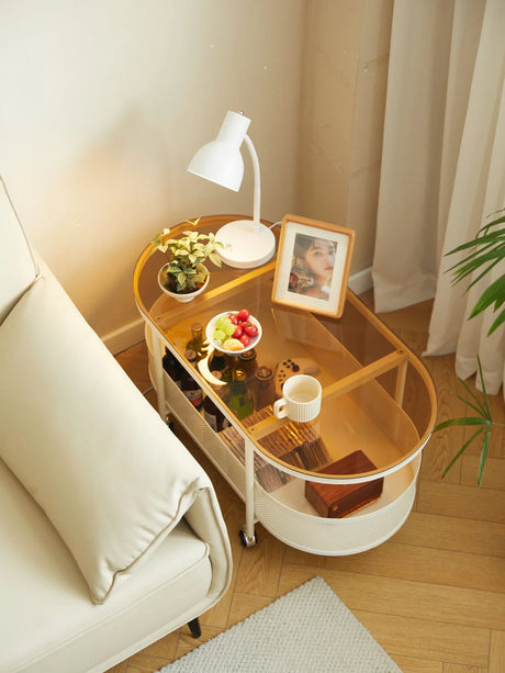 Movable Oval Metal Glass Coffee Table With Storage - White - Furniture Home Direct