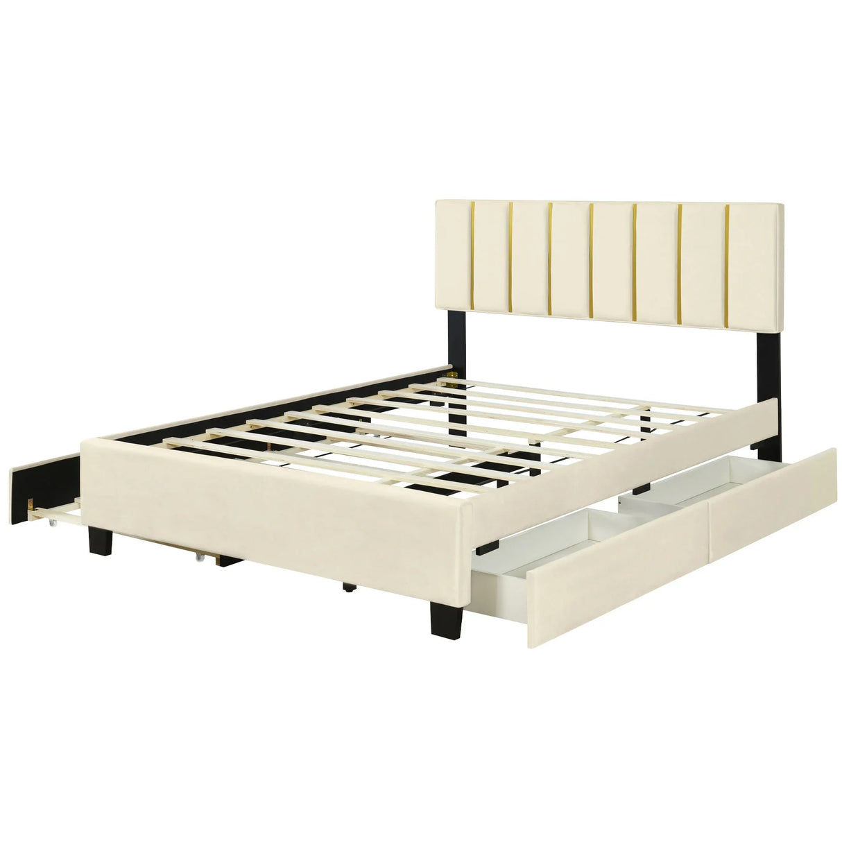 Upholstered Platform Bed With 2 Drawers And 1 Trundle, Classic Strip Headboard Design - Furniture Home Direct