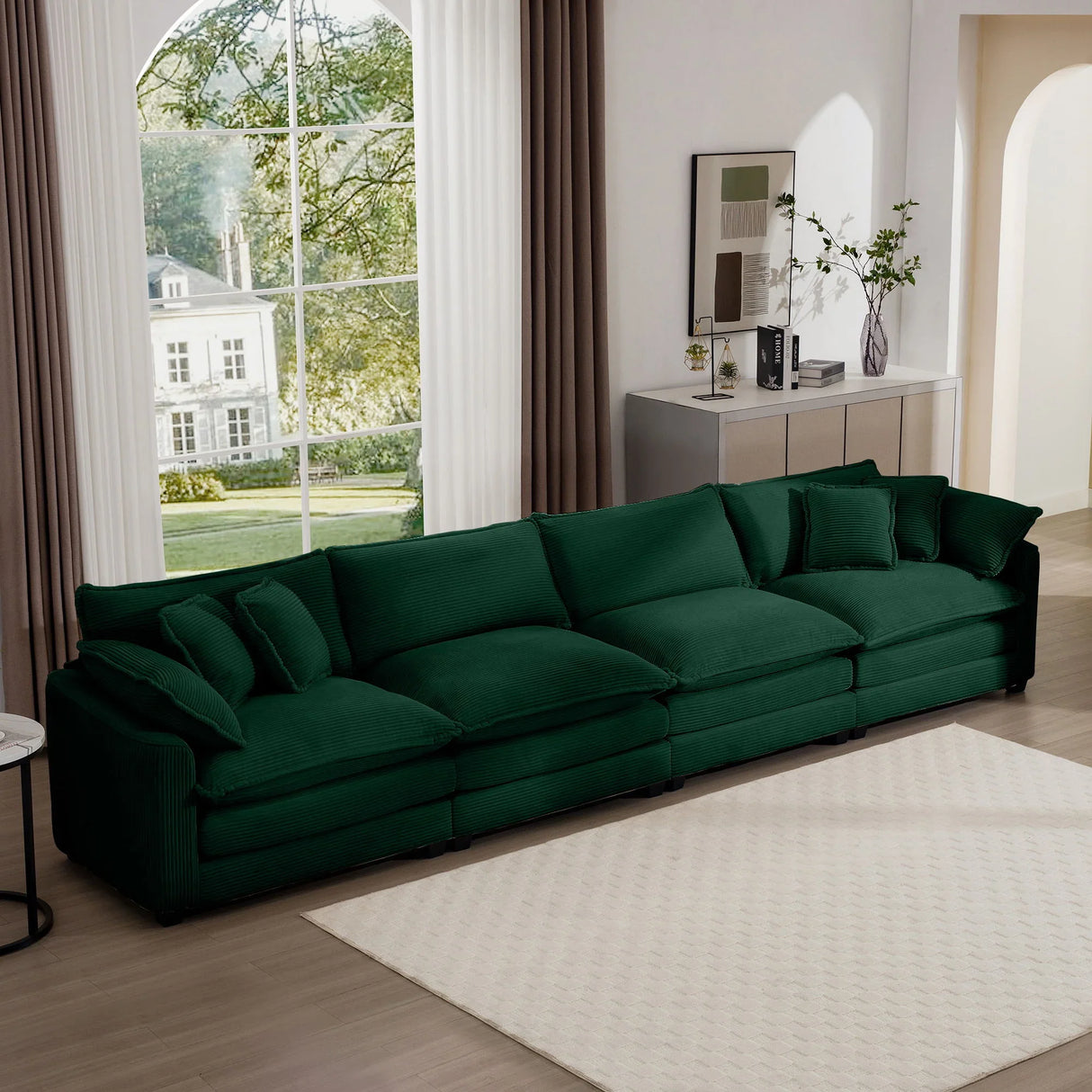 Modern Upholstered 4 Seater Corduroy Fabric Sofa With Arm And Throw Pillows - Furniture Home Direct