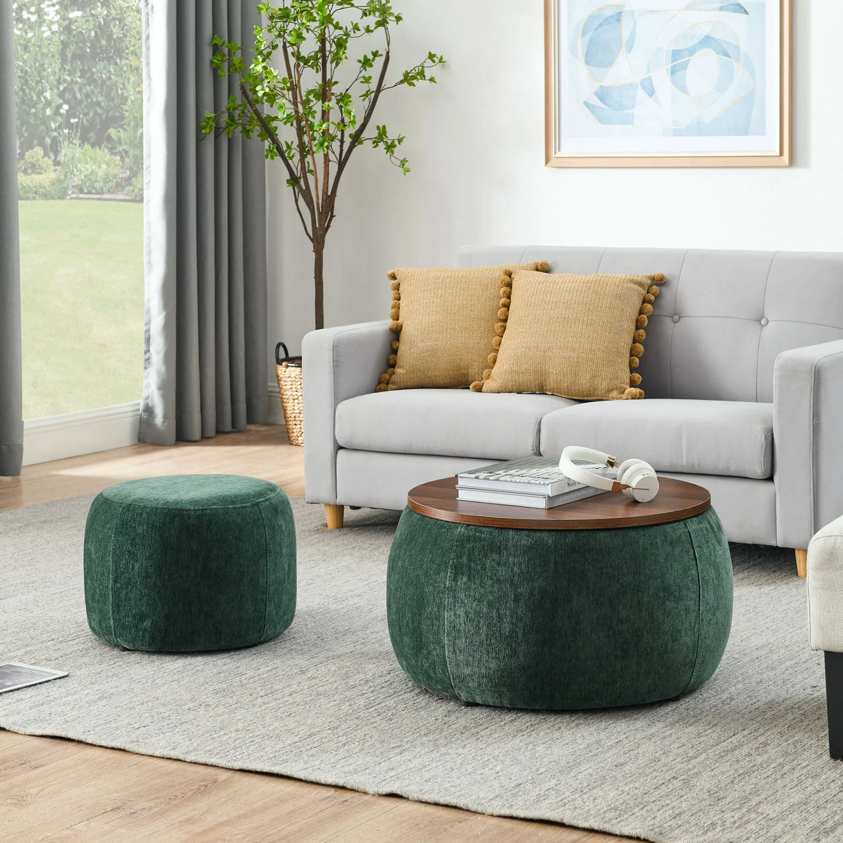 Round Storage Ottoman, 2 In 1 Function, End Table And Ottoman - Furniture Home Direct