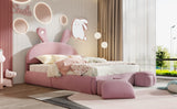 Full Size Upholstered Platform Bed with Cartoon Ears Shaped Headboard and Light, Pink - Furniture Home Direct