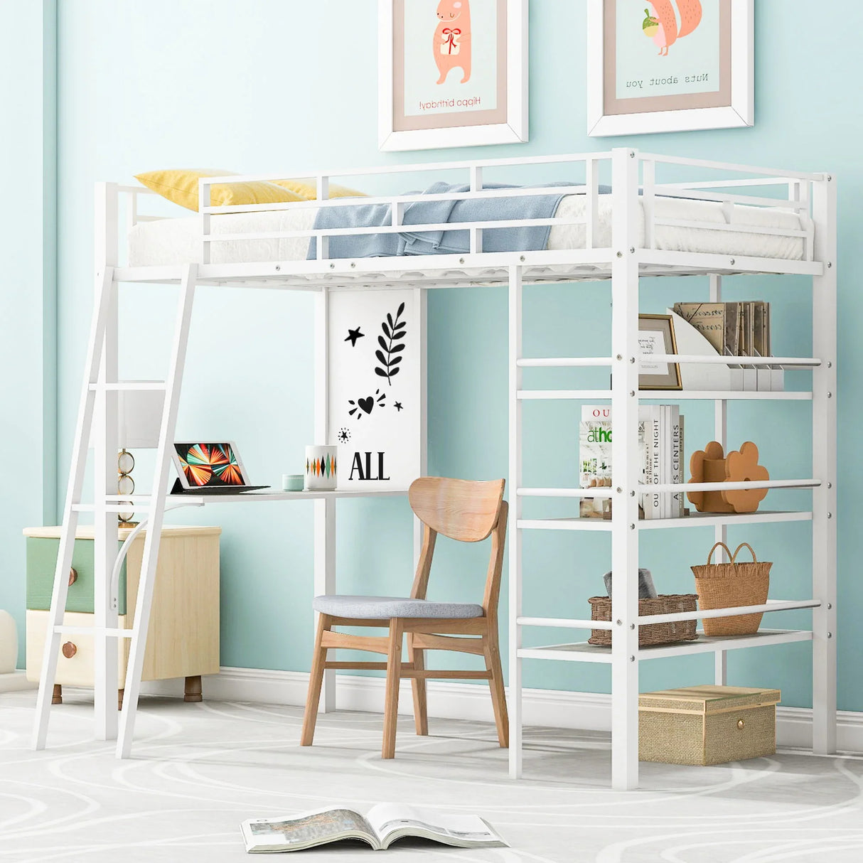 Loft Metal Bed With 3 Layers Of Shelves And Desk, Stylish Metal Frame Bed With Whiteboard - Furniture Home Direct
