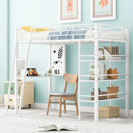 Loft Metal Bed With 3 Layers Of Shelves And Desk, Stylish Metal Frame Bed With Whiteboard - Furniture Home Direct