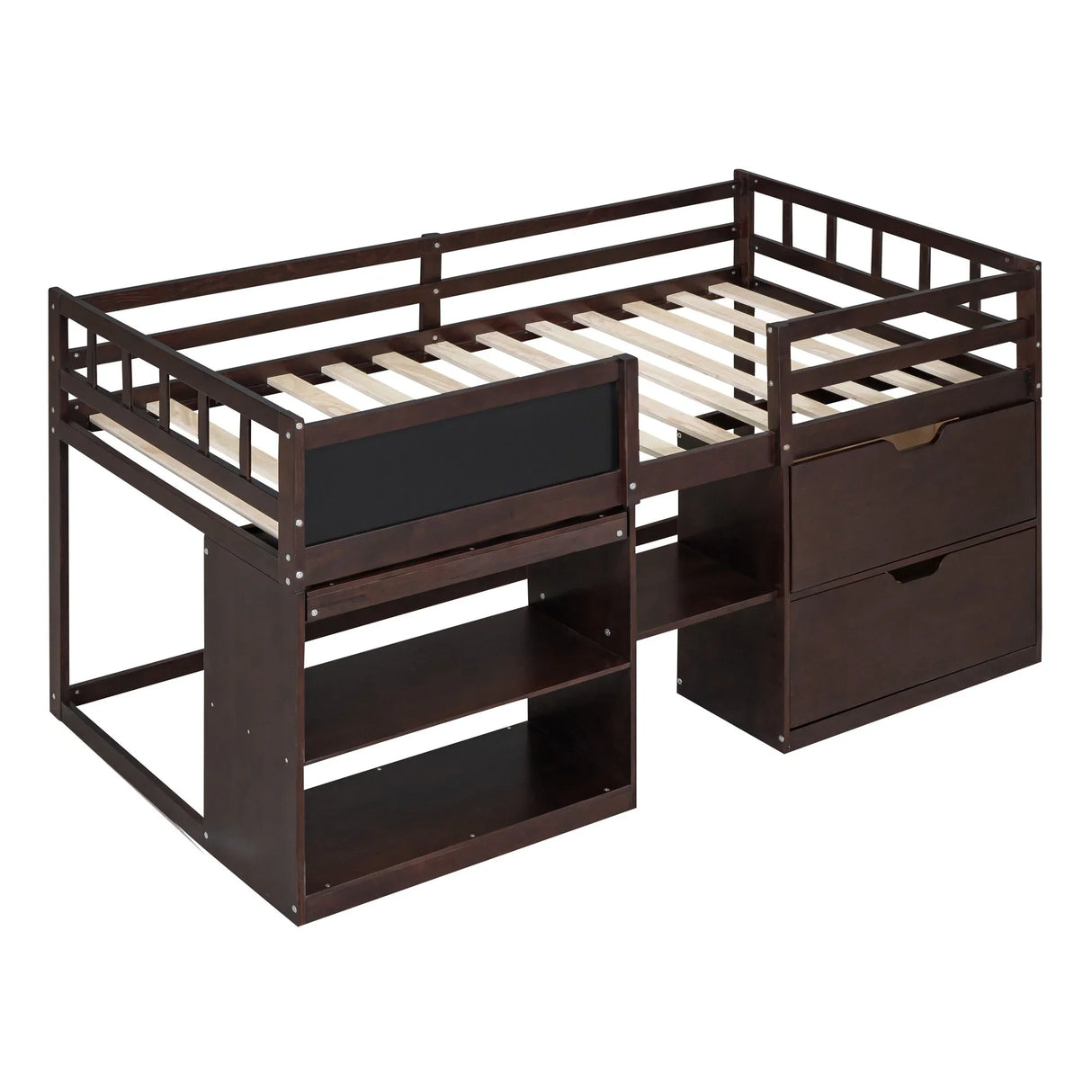 Low Loft Bed With Rolling Desk, Shelf And Drawers - Furniture Home Direct