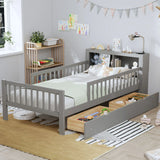 Bed With Headboard Storage Rack, 2 Under Bed Drawers, 3 Side Guardrails For Safety - Furniture Home Direct