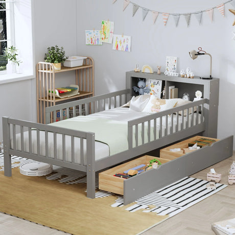 Bed With Headboard Storage Rack, 2 Under Bed Drawers, 3 Side Guardrails For Safety - Furniture Home Direct