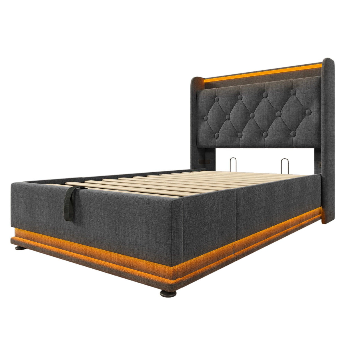 Twin Upholstered Bed 360 Surround LED Lighting USB C Gray - Furniture Home Direct