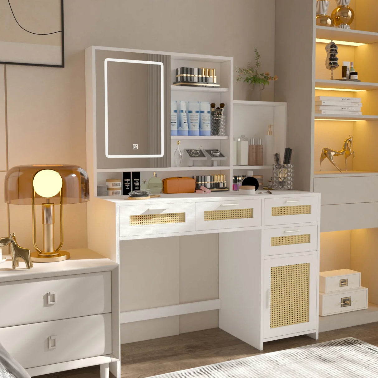 Vanity Desk With Lights and Ample Storage Drawers White - Furniture Home Direct