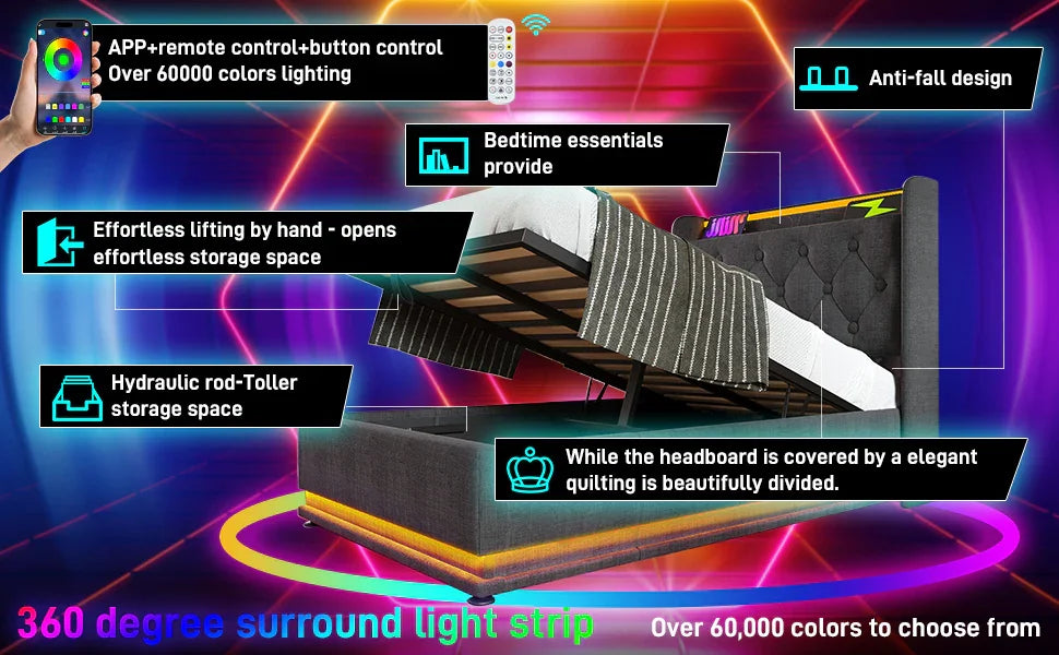 Twin Upholstered Bed 360 Surround LED Lighting USB C Gray - Furniture Home Direct