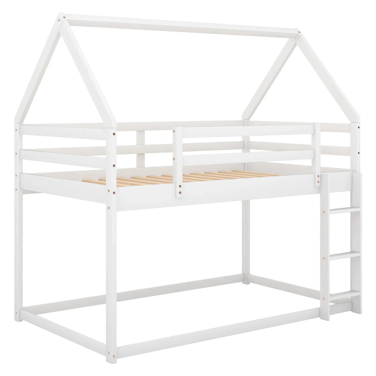 Twin Over Twin Low Bunk Bed, House Bed With Ladder - White - Furniture Home Direct