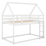 Twin Over Twin Low Bunk Bed, House Bed With Ladder - White - Furniture Home Direct