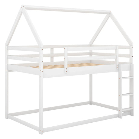 Twin Over Twin Low Bunk Bed, House Bed With Ladder - White - Furniture Home Direct