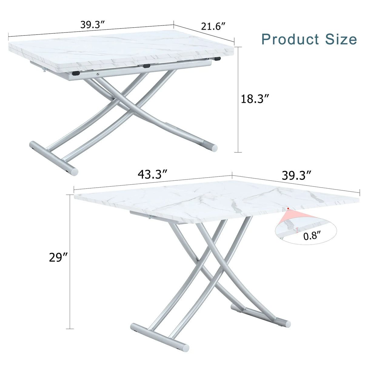 Modern Minimalist Multifunctional Lift Table With Metal Legs - White / Silver - Furniture Home Direct