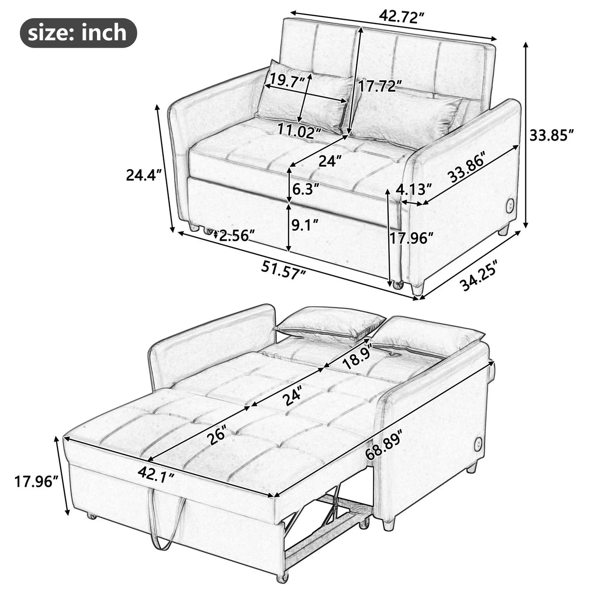 Convertible Sleeper Bed, Adjustable Oversized Armchair With 3 USB Ports - Furniture Home Direct