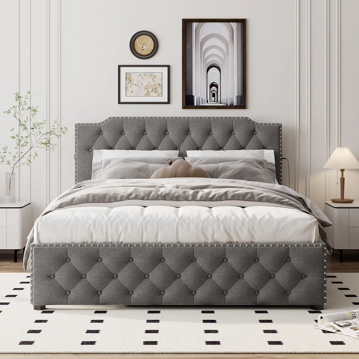 Upholstered Platform Bed With Trundle And 2 Sets Of USB Ports On Each Side, Linen Fabric - Furniture Home Direct