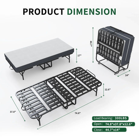 Twin Folding Bed With Memory Foam Mattress Portable Rollaway Bed Sturdy Metal Frame - Brushed Nickel - Furniture Home Direct