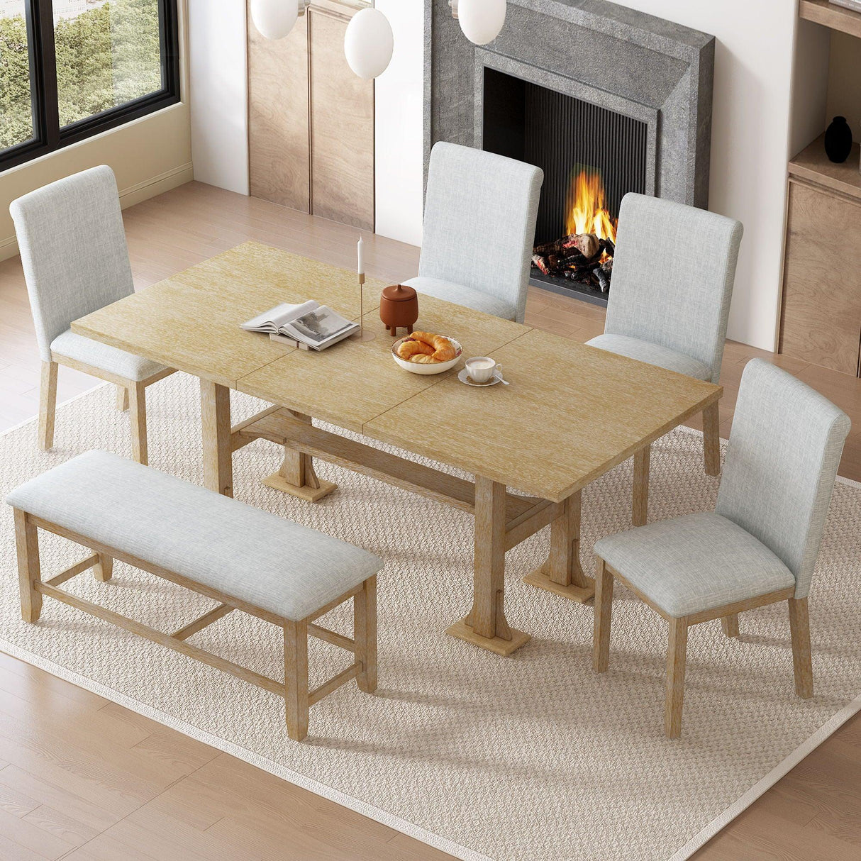 Topmax - 6 Piece Farmhouse Extendable Dining Table Set Trestle Kitchen Table Set With Removable Leaf And Upholstered Dining Chair And Bench For Dining Room - Furniture Home Direct