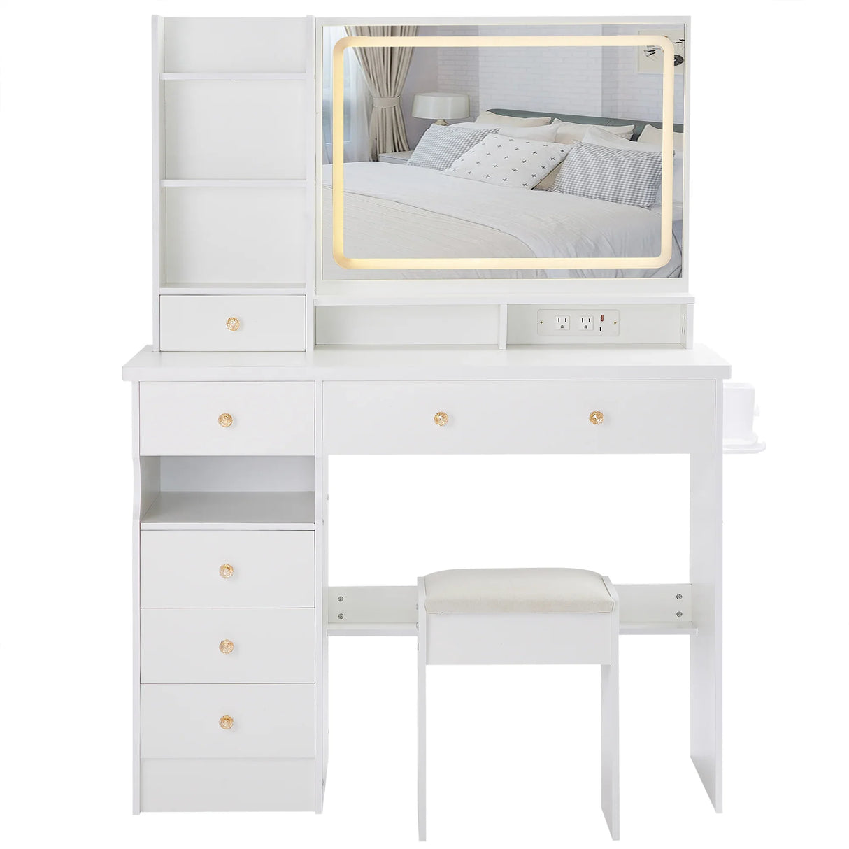 Vanity Desk Set With Cushioned Stool And Large Mirror White - Furniture Home Direct