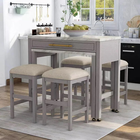 Counter Height Dining Island Set With Storage Stools Beige - Furniture Home Direct