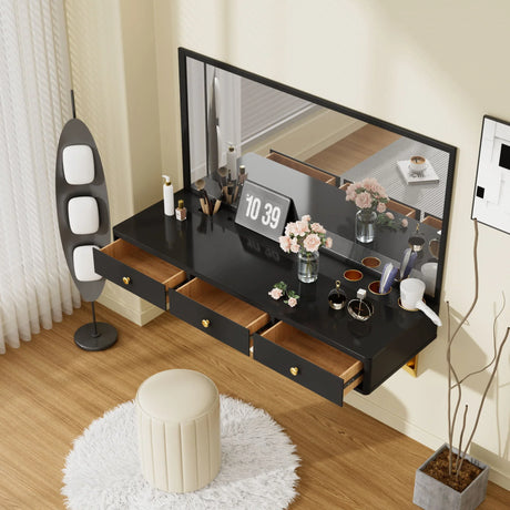 Floating Shelf With Drawer, Multi-Purpose Wall-Mounted Vanity Table, Mounted Desk, Floating Table For Bedroom, Bathroom, Hairdressers - Black / Golden - Furniture Home Direct