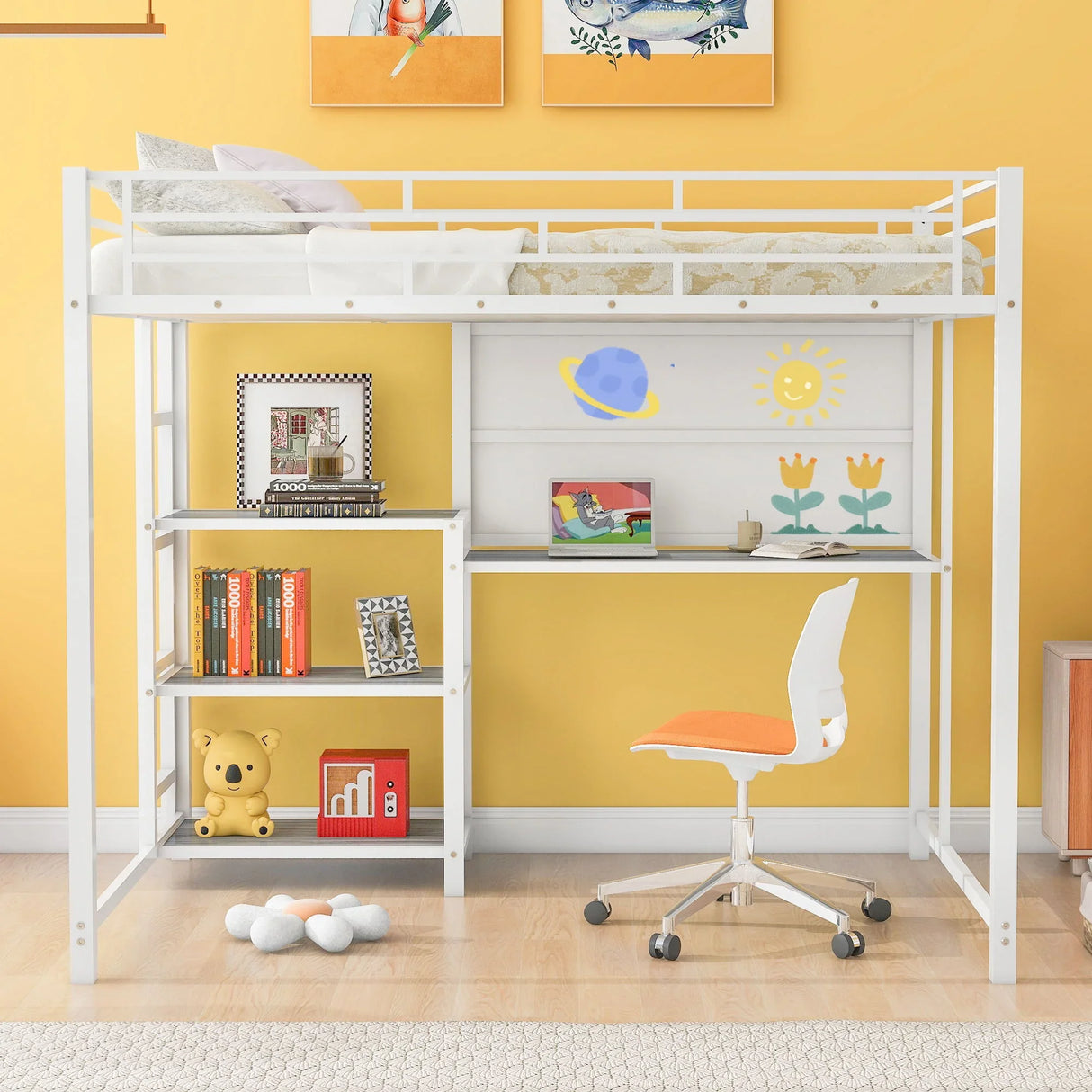 Metal Loft Bed With Desk, 3 Shelves And Ladder - Furniture Home Direct