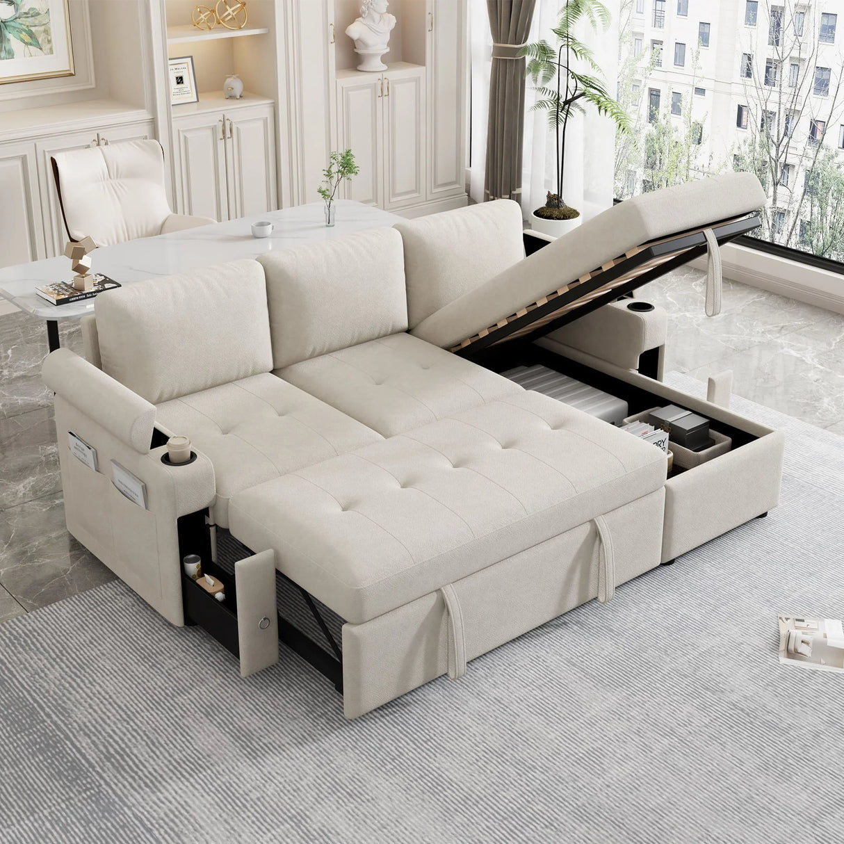 Convertible L Shaped Sofa Couch With Storage, Cup Holders, USB Ports - Furniture Home Direct