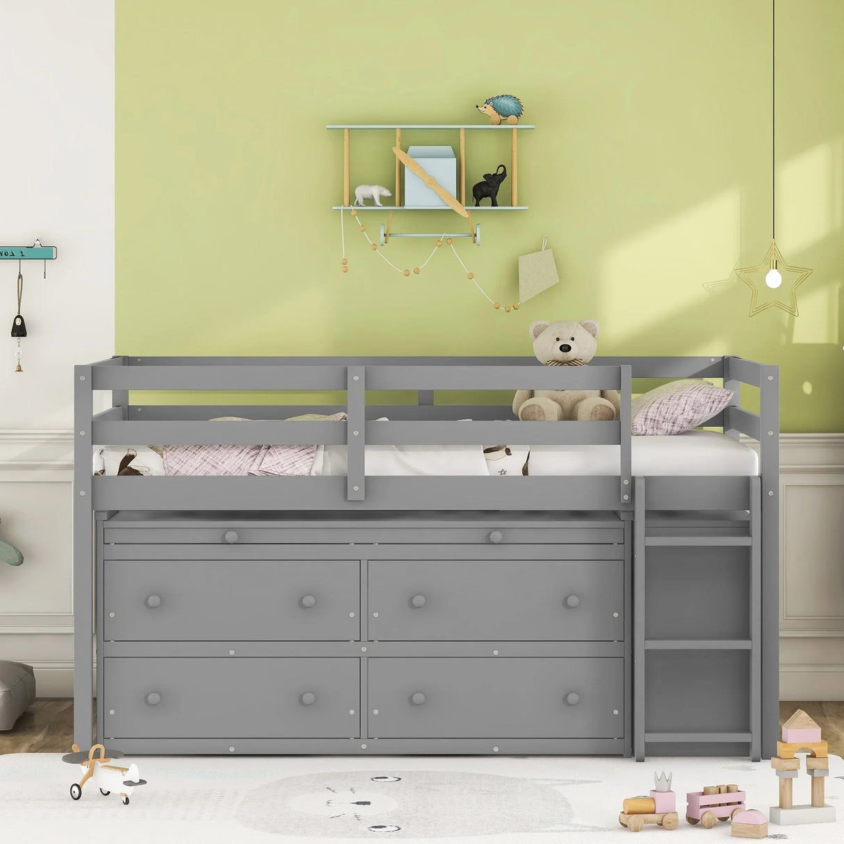 Loft Bed With Retractable Writing Desk And 4 Drawers, With Lateral Portable Desk And Shelves - Furniture Home Direct